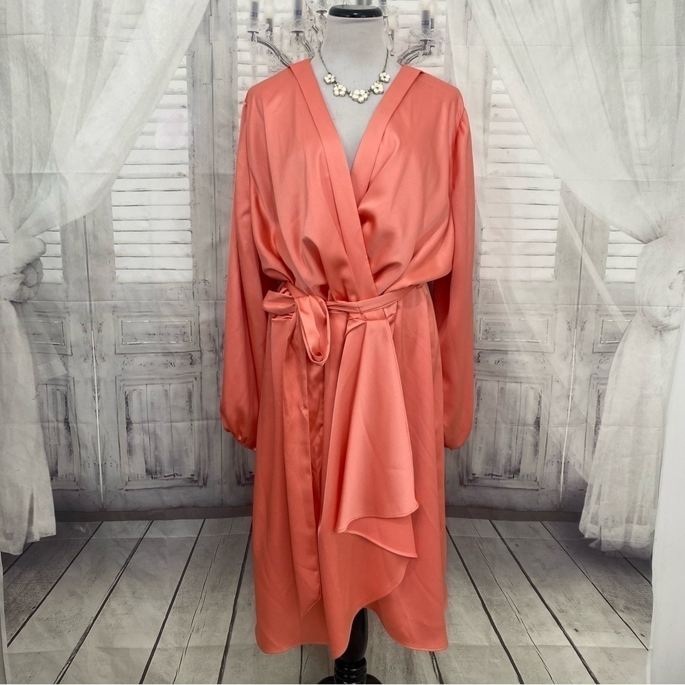 Alex Marie Size 22W Pink Marina Coral V-Neck Self-Tie Waist Belted Wrap Dress